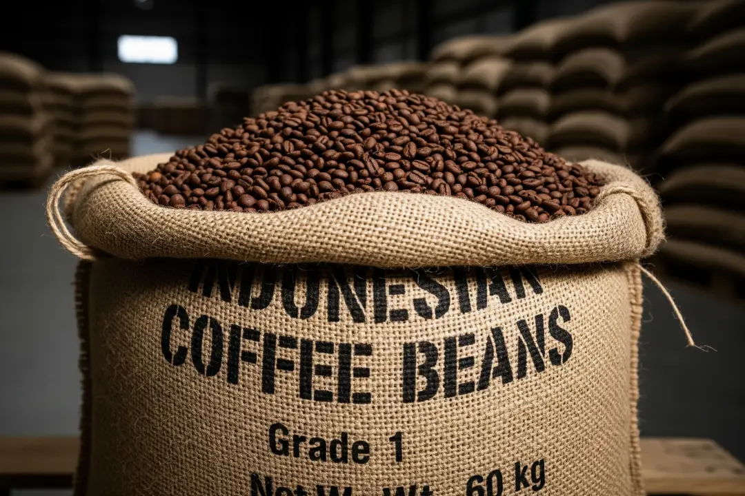 A close-up view of freshly roasted Indonesian coffee beans spilling from a sack, highlighting the premium quality of a wholesale green coffee supply